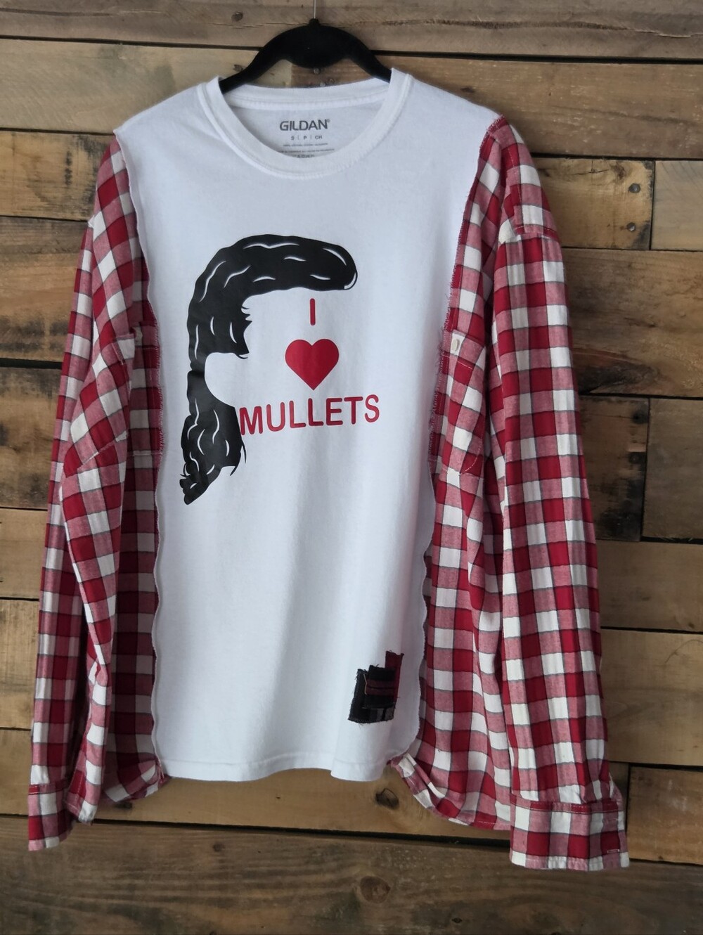 Gildan White Tee with Red Plaid Long-Sleeve Overlay
